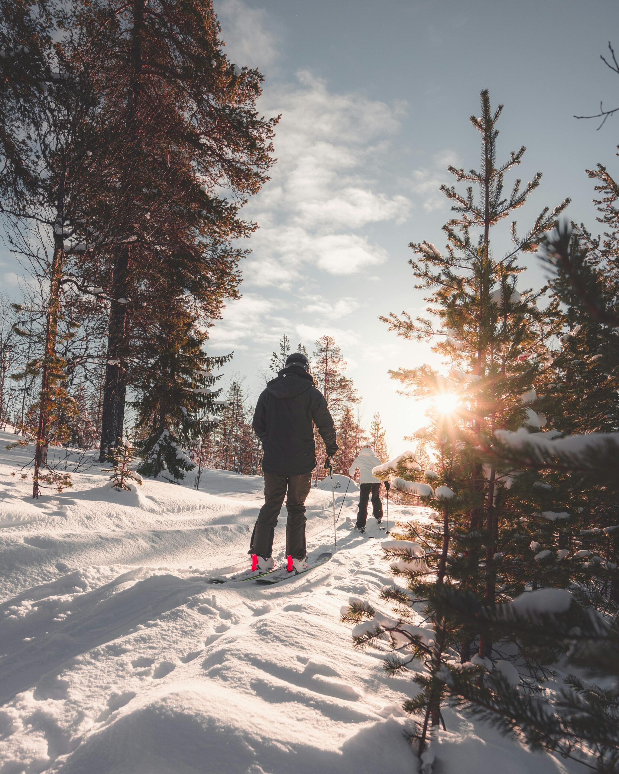 Skier enjoying a sunny winter day in a snowy forest in Sweden.