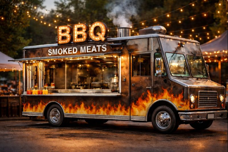 Professional BBQ food truck catering a corporate event in Yoder, Colorado.